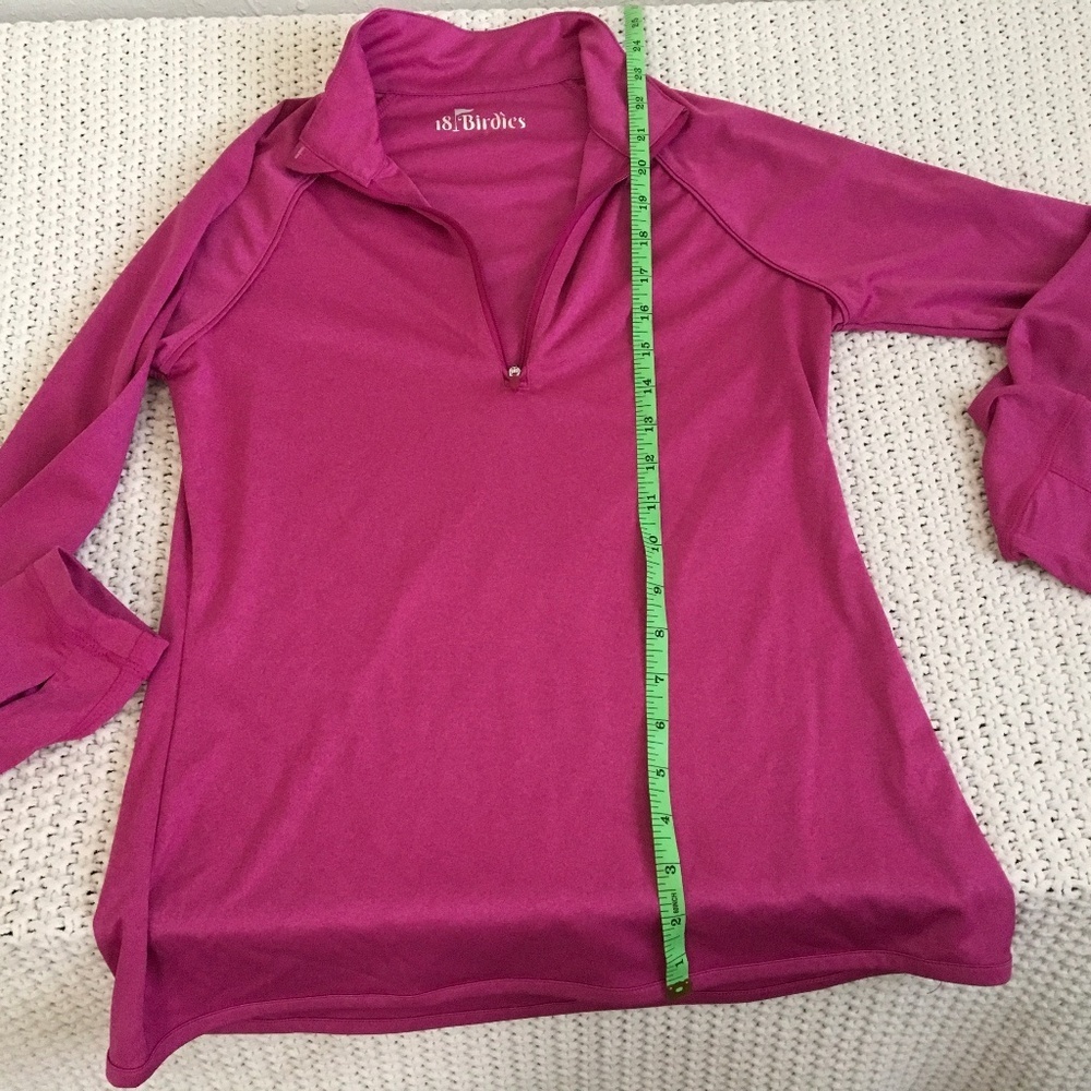 18 BIRDIES, LONG SLEEVE DRY FIT, FINGER HOLE SLOTS, SIZE SMALL, RASBERRY IN COLO
